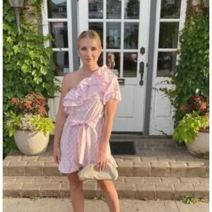 Lisa Marie Fernandez Linen Blend Ruffle One Sleeve Polka Dot Dress